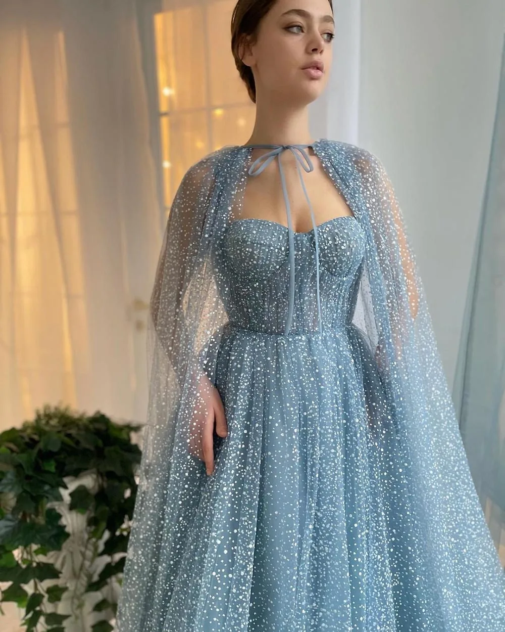 Sevintage Sparkly Tulle Prom Jurken Met Lange Cape Sweetheart A-lijn Formele Party Dress 2022 Avondjurken