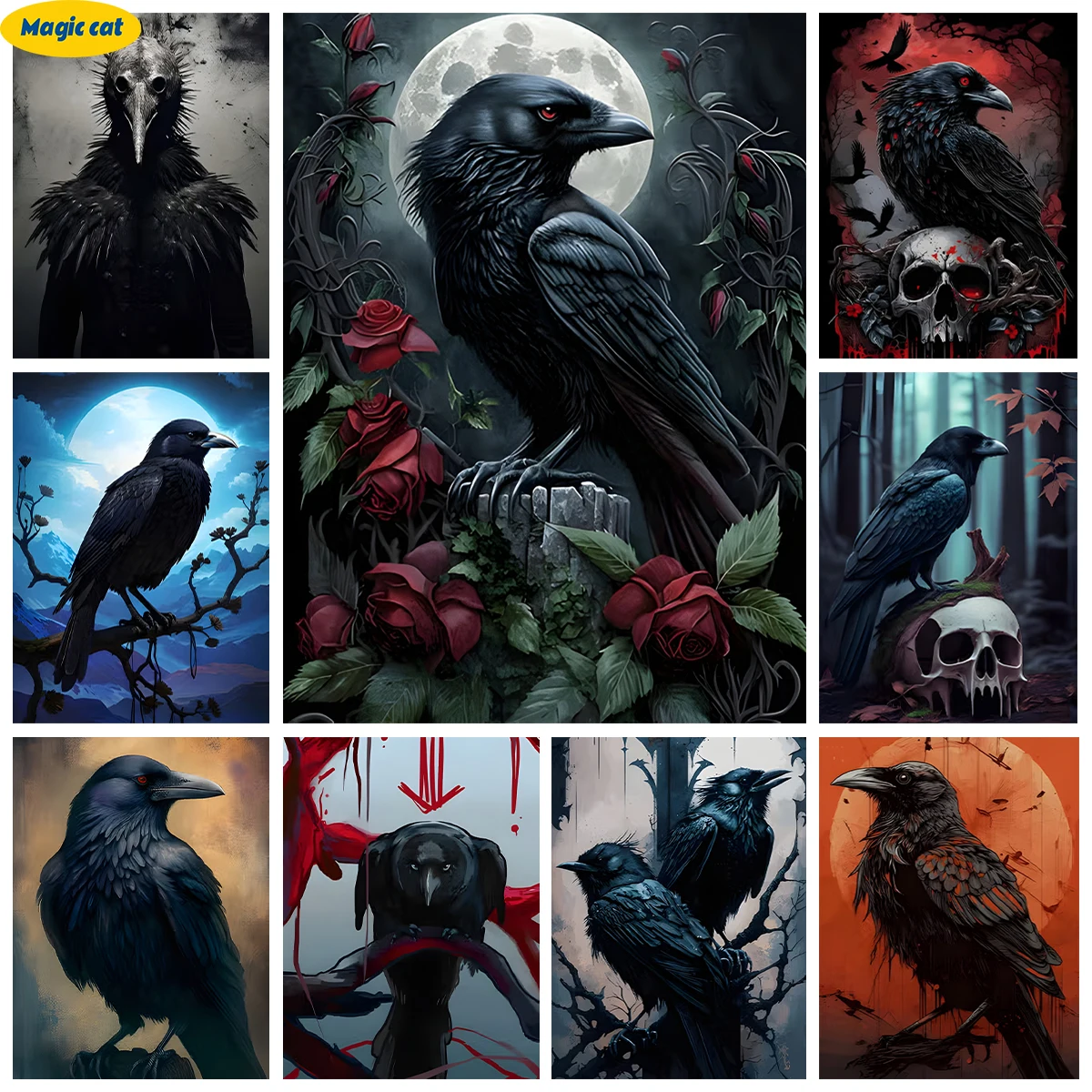 Crow 5D Diamond Painting Black Bird Picture Diy AB Diamond Embroidery Rhinestone Cross Stitch Mosaic Animal Home Wall Decor Gift