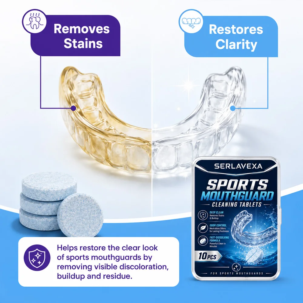 SERLAVEXA 10PCS Mouthguard Cleaning Tablets for Sports Guards Retainers Aligners Night Guards Fast Dissolving Fresh Care Formula