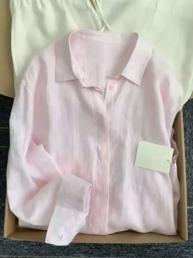 Women Linen Shirt Casual Loose Long Sleeve Thin Summer Top Pure Color Turn Down Collar French Style Sunscreen Clothing