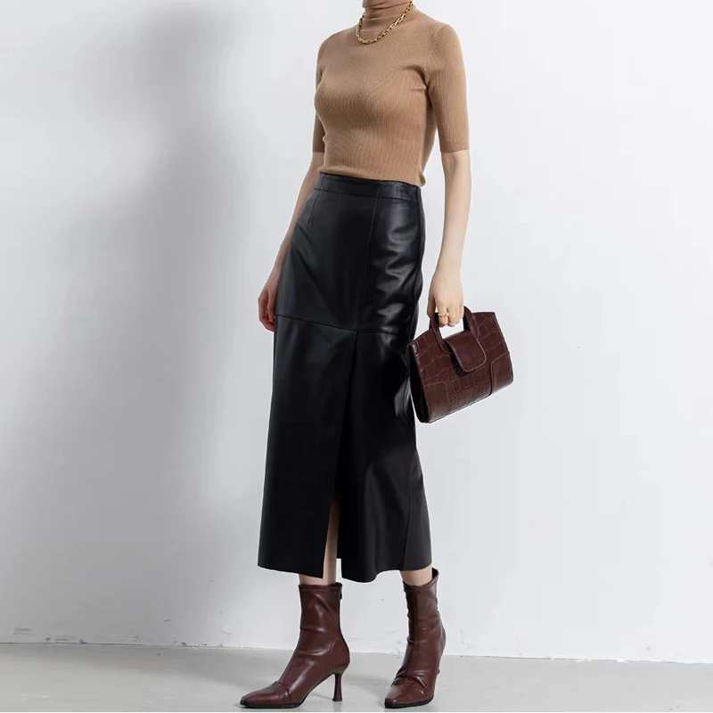 2024 Fall Winter Real Leather Skirts For Women High Waist Package Hip Lambskin Straight Skirt Chic Split Medium Length Skirts