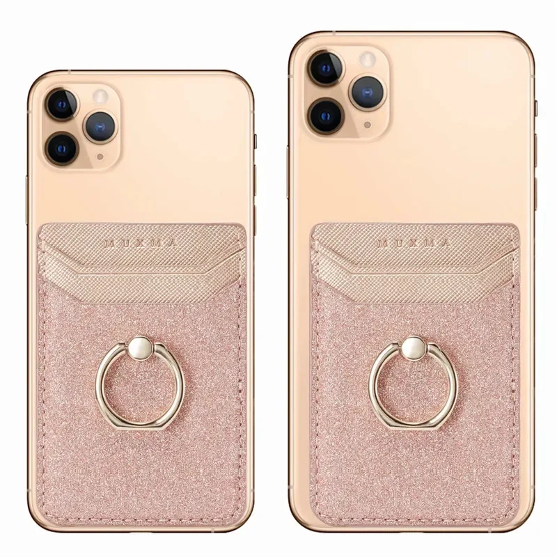 Cute Cell Phone Smartphone Ring Socket Holder Wallet Credit Card Pocket Adhesive Sticker Phone Pouch Bag Case Black Rose Gold