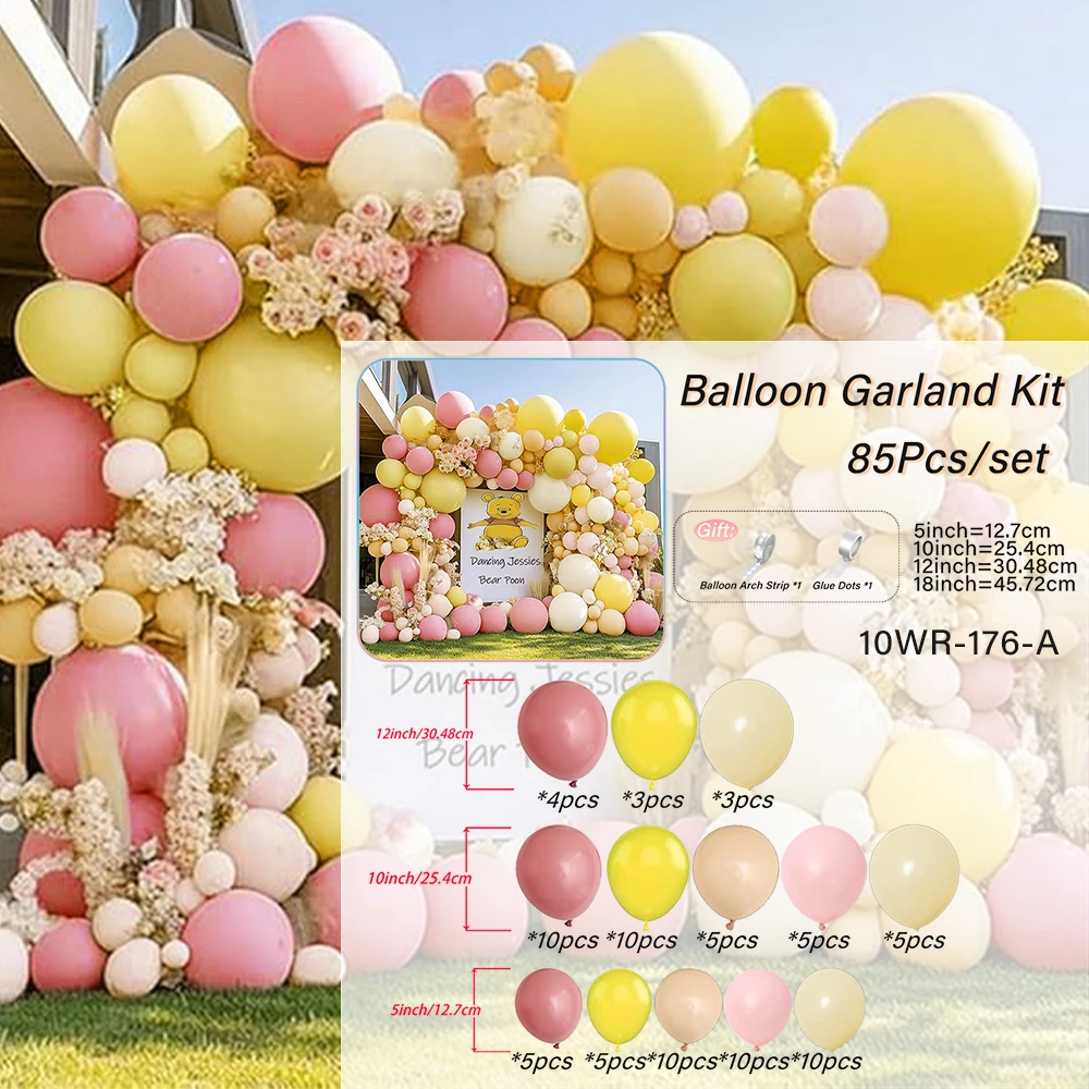 85pcs Pink Yellow Balloon Garland, Multicolor Balloon Arch Kit for Bee Bear Birthday Lemonade Baby Shower Party Decor