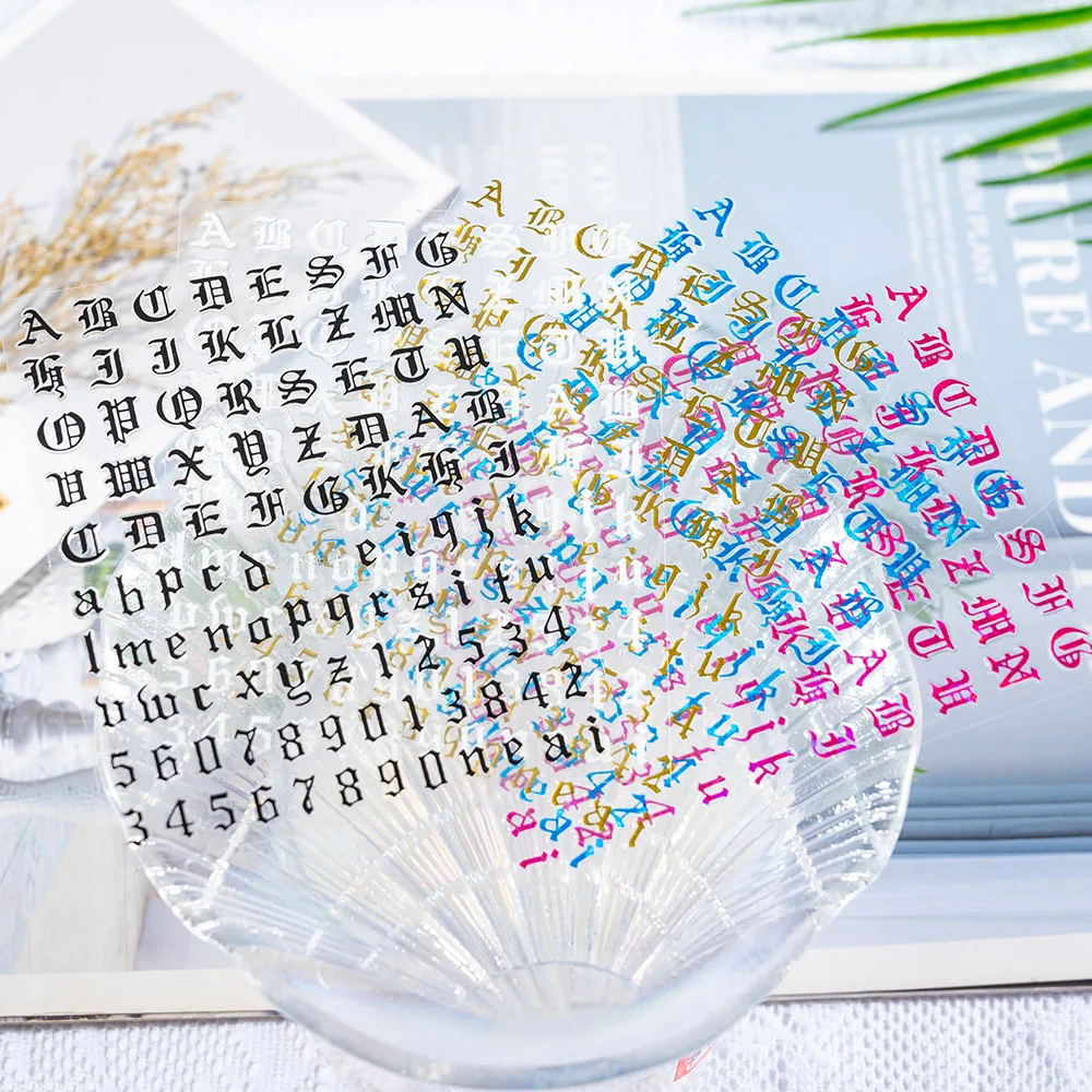 1pc 3D Number Nail Art Stickers Old English Alphabet Letter Style Decals Wraps Self-Adhesive Nails Sliders Decoration Manicure