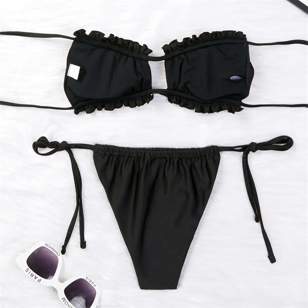 Black String Bikini Push Up Bandeau Swimsuit Ruched Pleated Vacation Swimwear Backless Beach Outfit Women Bathing Suit Sexys Set