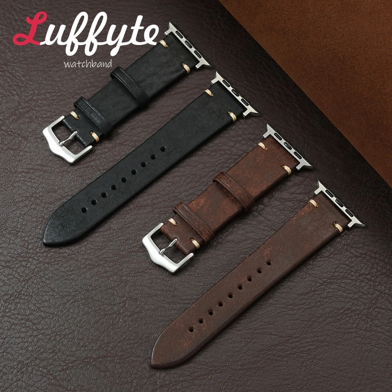 

Handmade Leather Watchband for Apple Watch 1-10 SE Ultra 2 Strap for Iwatch 49/46/45/44/42/41/40/38mm Vintage Cowhide Belt