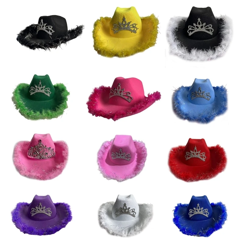 Wedding Party Cowboy Hat Adult Woman LED Feather Tinsel Brim Hat Fedoras Felt Cowboy Hat with Rhinestones Crown Decor