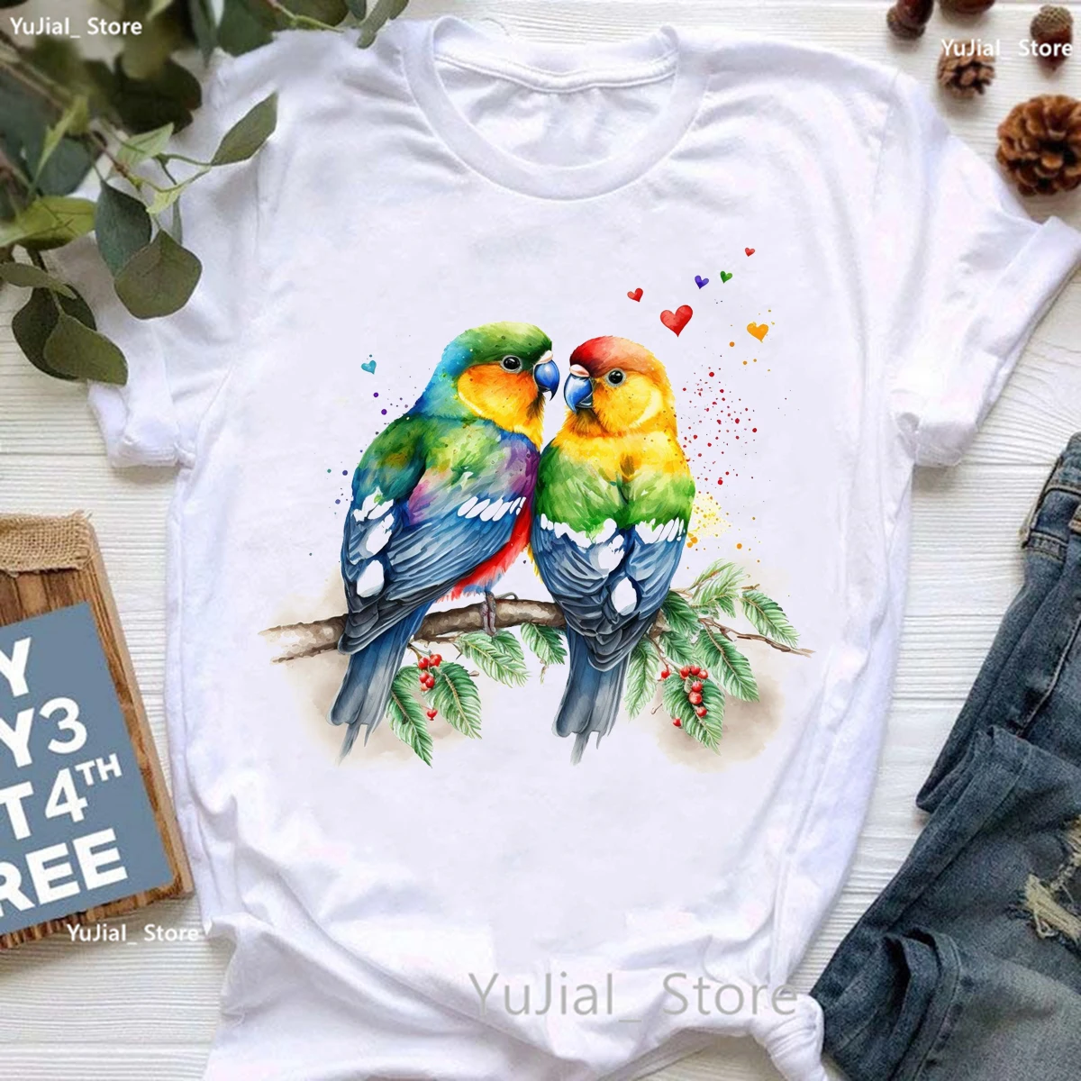 Rainbow Cockatiel/Parrot Bird Tshirt Girls Harajuku Kawaii Clothes Summer Short Sleeve T Shirt Femme Fashion T-Shirt Female