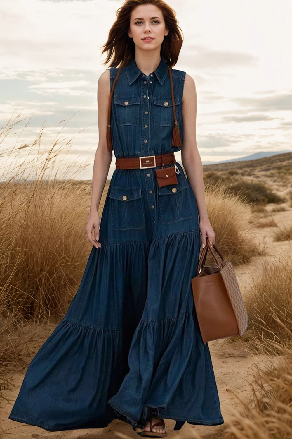 

Women's Imitation Denim Tank Dress Turn Down Collar Ethnic Style Chic Vintage Summer Casual Pockets Button Maxi Dresses 2025