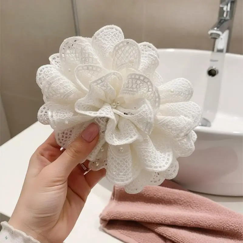 Elegant Pearl Hair Claw Clip White Lace Flower Pattern Breathable Fabric Lightweight Hair Accessory for Travel Vacation Use