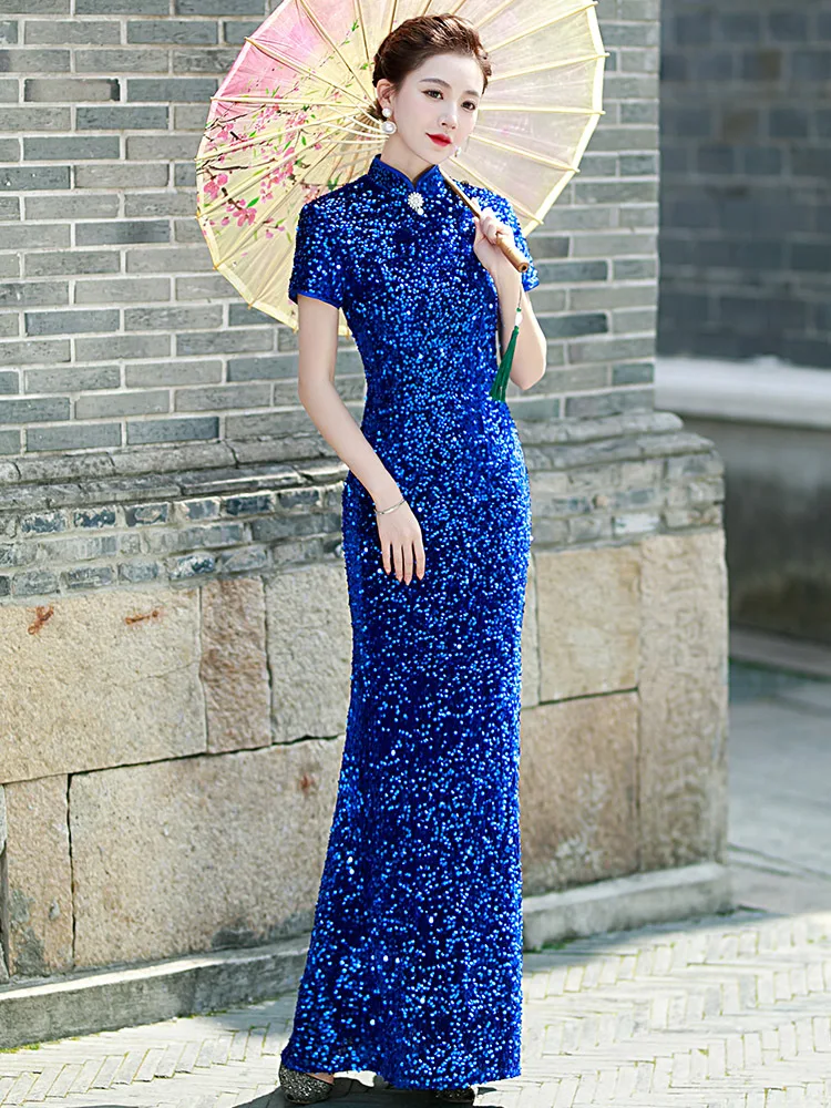 

Luxury Sequins Gorgeous Long Fork Cheongsam Stage Show Dance Dress Elegant Sexy Slim Bodycon Qipao Fashion Gown Novel