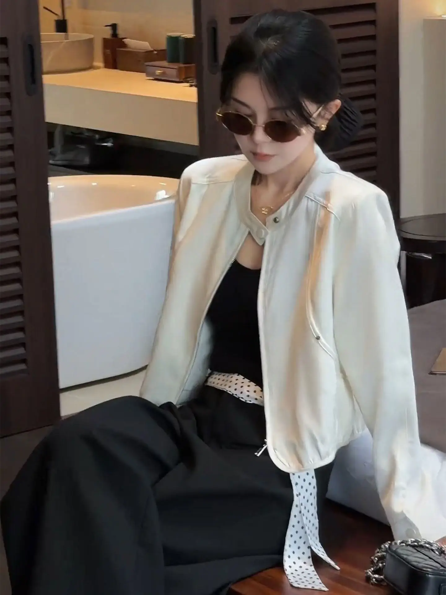 Milk White Short Stand Collar Glass Silk Surface Jacket Spring 2026 New Style Age Reducing Elegant Top for Women
