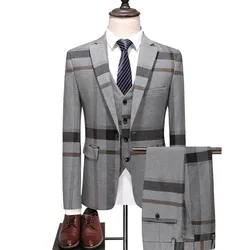 Blazer da sposa da uomo Plaid blu grigio giacca pantaloni gilet 3 pezzi Set 2023 Slim Fit Business smoking Dress Classic abiti formali cappotto