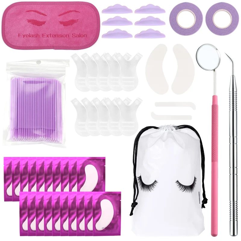 146Pcs Eyelash Extension Supplies Kit Lash Lifting Tools Soft Forehead Sticker Pad Check Mirror Cosmetic Bag Micro Brush Tape