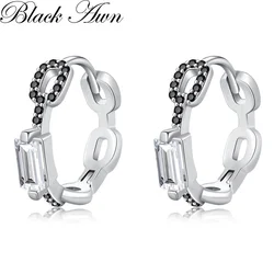 Black Awn Classic Silver Color Round Black Trendy Spinel Engagement Hoop Earrings for Women Jewelry Bijoux I310