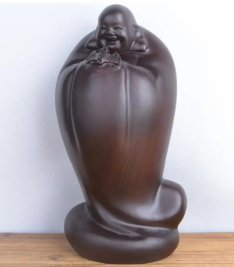38cm large HOME Spiritual protection Bless family safety good luck Handmade wood carving FU MILE Buddha statue