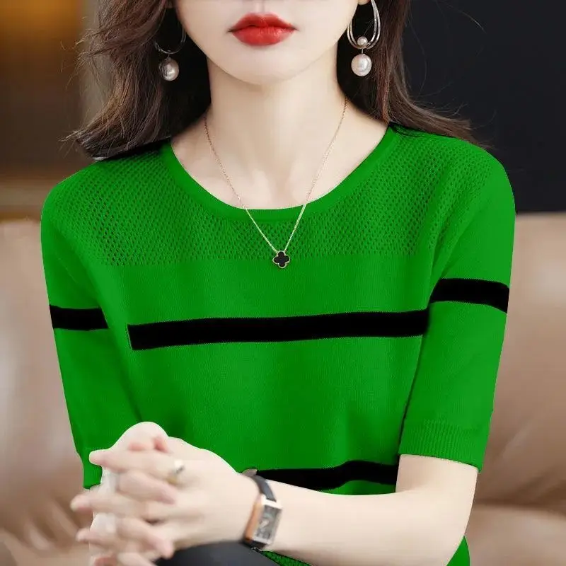 Blusa holgada de punto con cuello redondo para mujer, jerseys informales de manga corta, ropa de viaje para verano, 2023