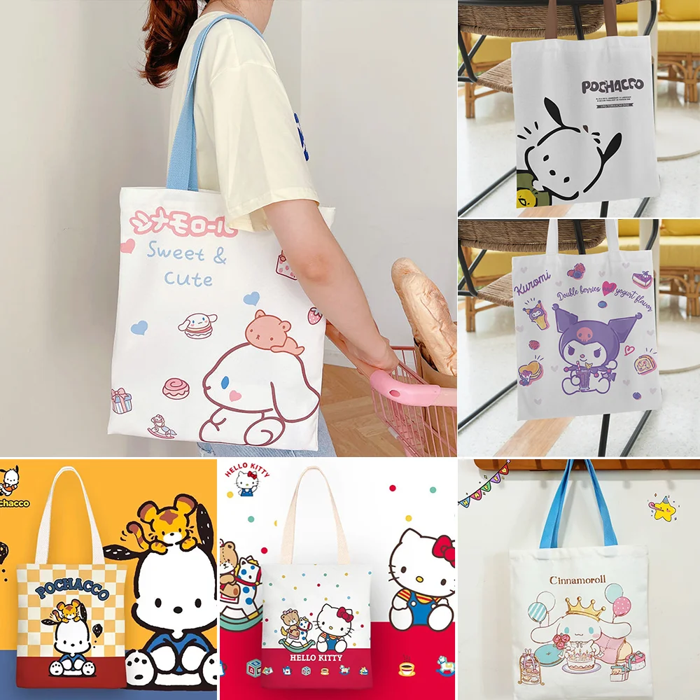 Kawaii Sanrio Handbag Cinnamoroll  Kuromi Pochacco Canvas Bag Lunch Bag for School Kids HelloKitty Cute Christmas Gifts for Girl