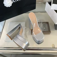 M Silver Squre Tote Heel with high Platform Solid Colored Fashionable Waterproof Summer Slippers Flat Transparent Strap Sandals - Image 5