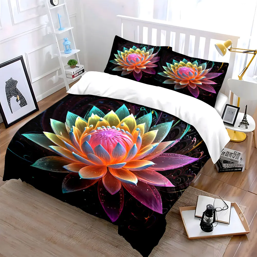 Colorful Lotus Artwork Decor Set Bedding Set with 1 Duvet Cover 2 Pillowcases Single Double King Queen, Gift