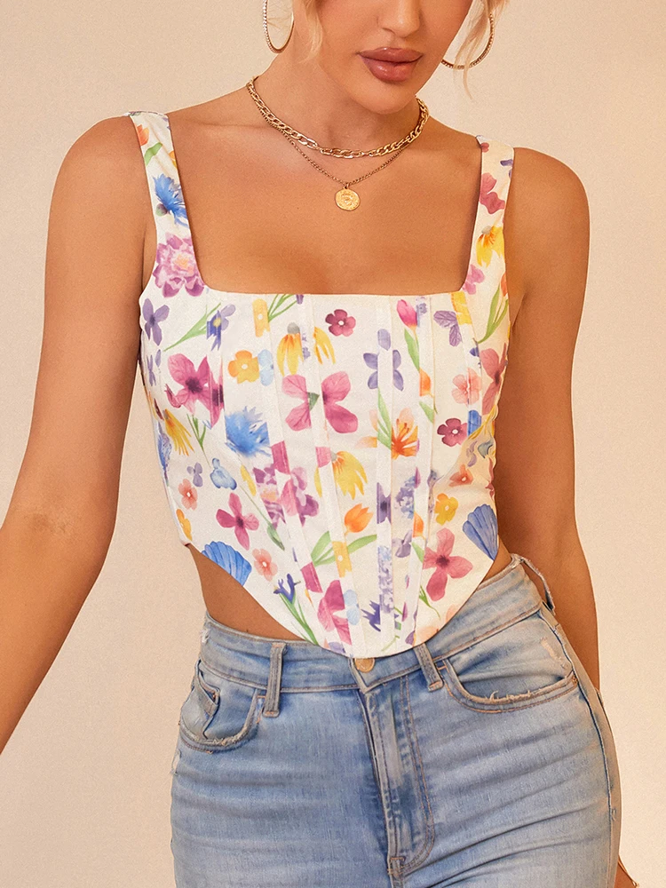 NewAsia y2k Print Corset Top Women Patchwork Double Deck Zipper