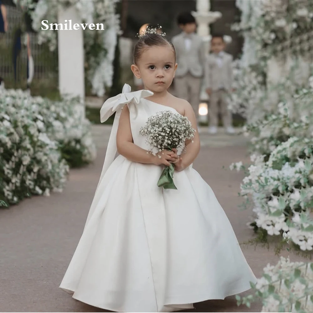 Smileven Ivory Satin One‑Shoulder Flower Girl Dresses Side Bow A‑Line Wedding Dress Elegant Communion Party Gowns Customized
