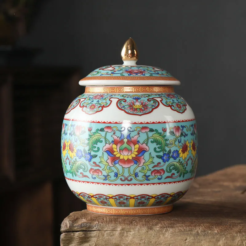 Classical Ceramic Tea Pot Painted Pattern Sealed Storage Home Porcelain Candy Nuts Coffee Beans Bottle Decor