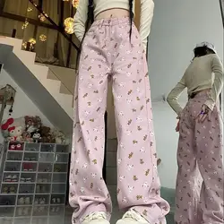 Jeans Bear Print Lovely Pink High Waist Women'S Straight Lady Summer Loose Full Length Jeans Large Size 2024 Spring New Style