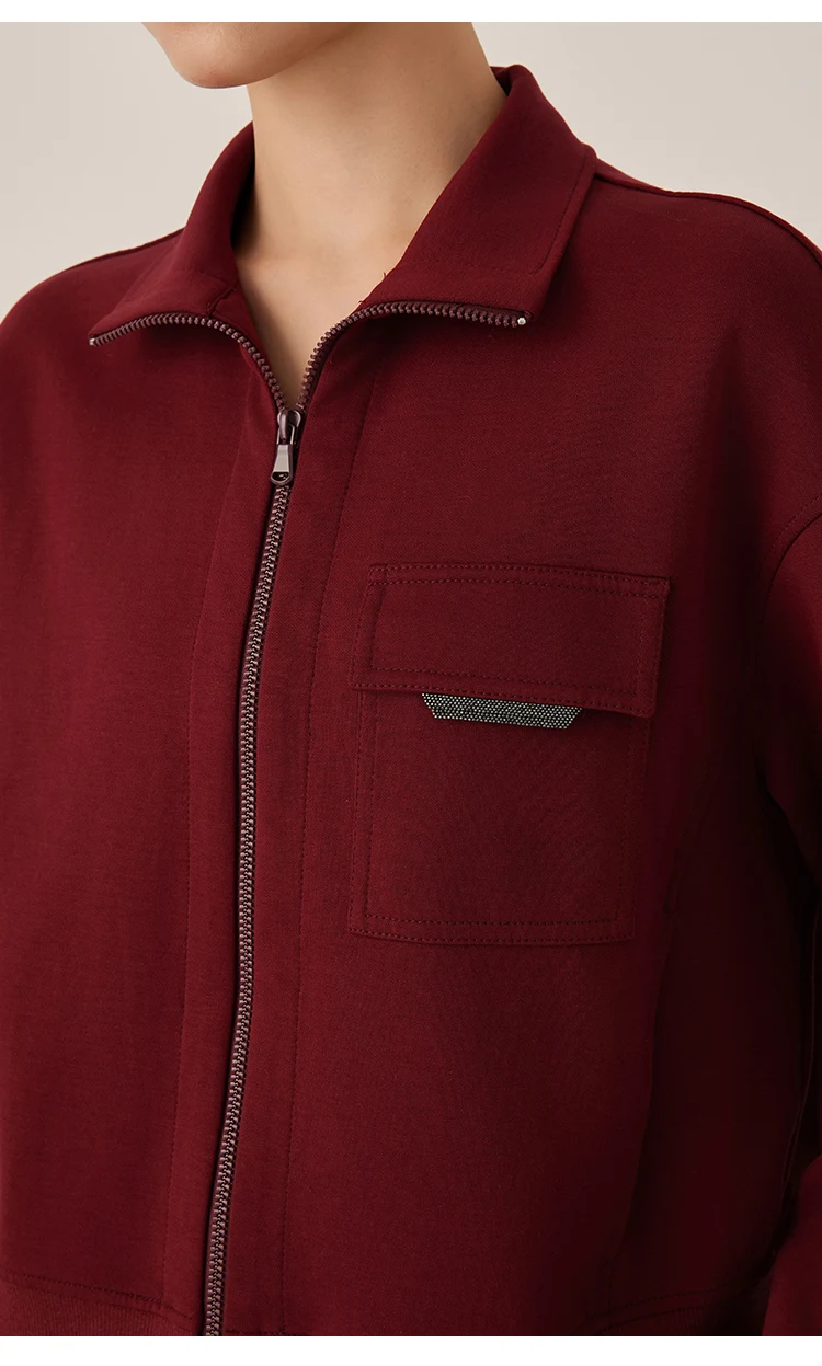 KW7523330 Damen Premium Reißverschluss-Trainingsjacke Langarm-Mischgewebe Herbstmode mit Vordertasche und Akzentbesatz – Detail 5