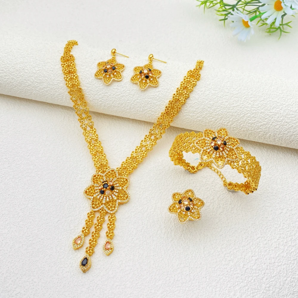 

Flora Bridal Engagement 4Pcs Jewelry Set Exquisite Gold Plated Copper Inlaid Zircon Women Bracelet Ring Necklace Earrings