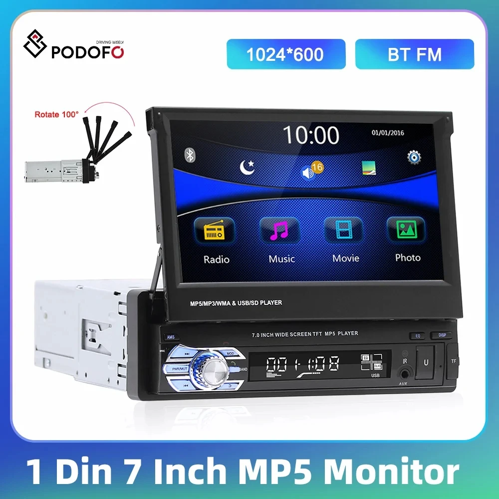 Podofo 1 Din 7-inch Universal Car Radio MP5 Player Touch Screen FM USB SD Rear View Camera Android Multimedia Player Autoradio