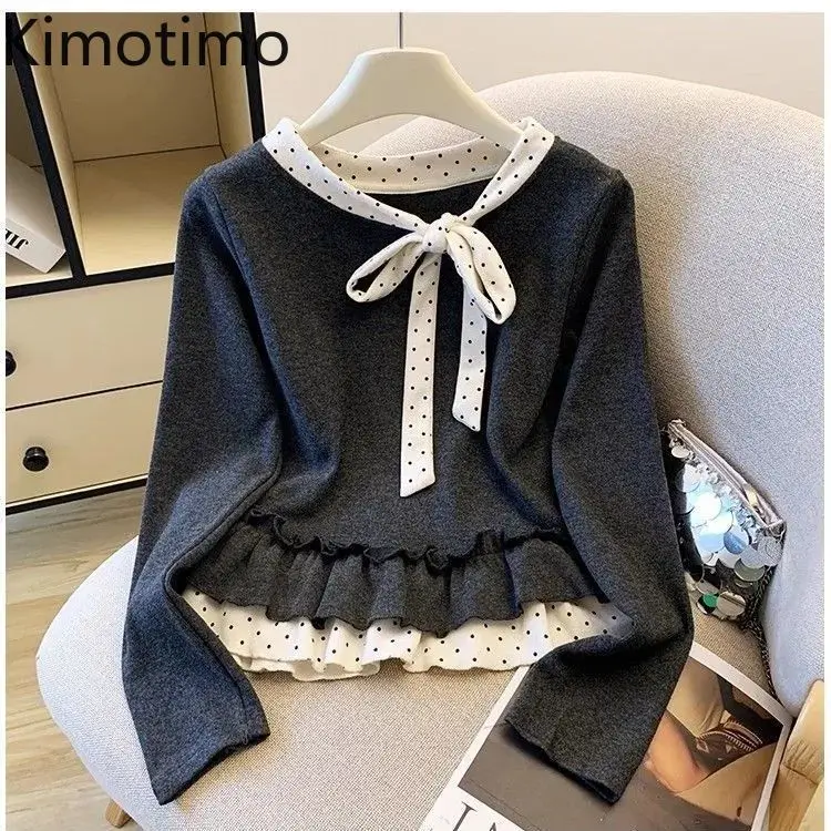 Kimotimo Sweet Y2k Polka Dot Bow Long Sleeve T-shirts Women Autumn Winter Chic Ruffle Patchwork Contrast Color Tops Fashion Tees