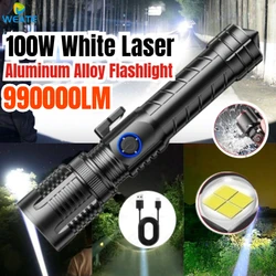 98000LM 100W Strong Light Long-range White Laser Flashlight Aluminum Alloy Focusing Dimming Built in 26650 Lithium Battery Torch