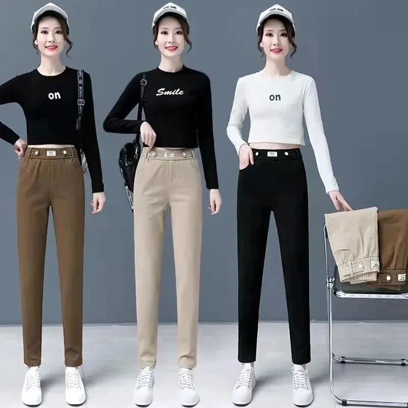 Calça coreana feminina reta de algodão, calça de harém elástica de cintura alta, casual solta, nova moda, primavera e outono, 2023