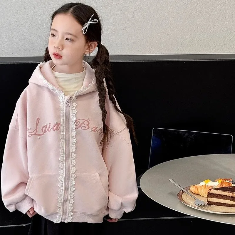 

New Arrival Girls' Stylish Korean Versatile Lace Trim Hooded Cardigan - Spring/Autumn & Spring Kids' Top