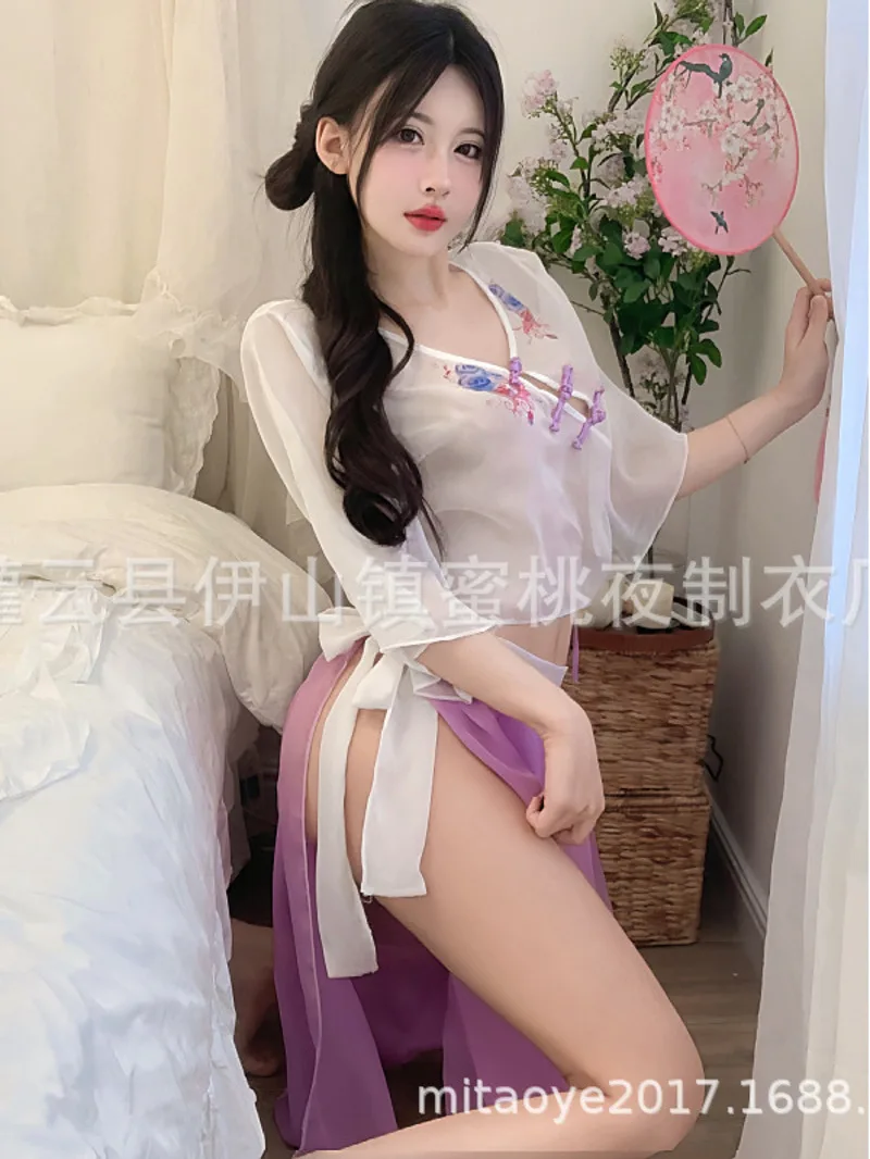 lingerie Republic of China style cheongsam sexy sheer split long sleeved pajama dress set 78NN Side slit hem White Purple