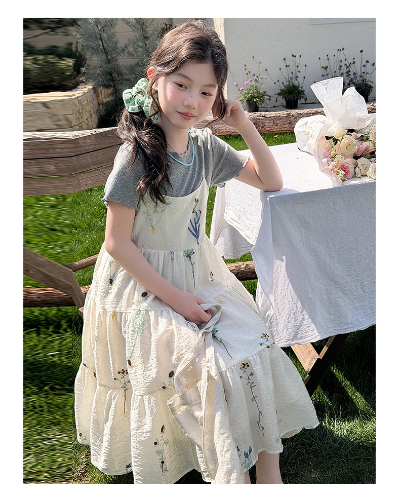 Mädchen-Set, Sommer-Set mit süßem, niedlichem Blumendruck, gestuftes Kleid mit Spaghettiträgern und kurzärmliges T-Shirt, zweiteiliges Set, Kinderkleidung – Detail 4