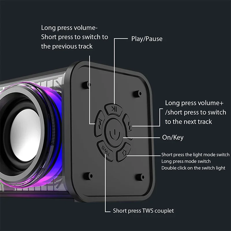 V8 Transparent Mecha Speakers Bluetooth 5.0 Wireless Double Bass Diaphragm Subwoofer Music TWS RGB Light Mini Party Loudspeaker