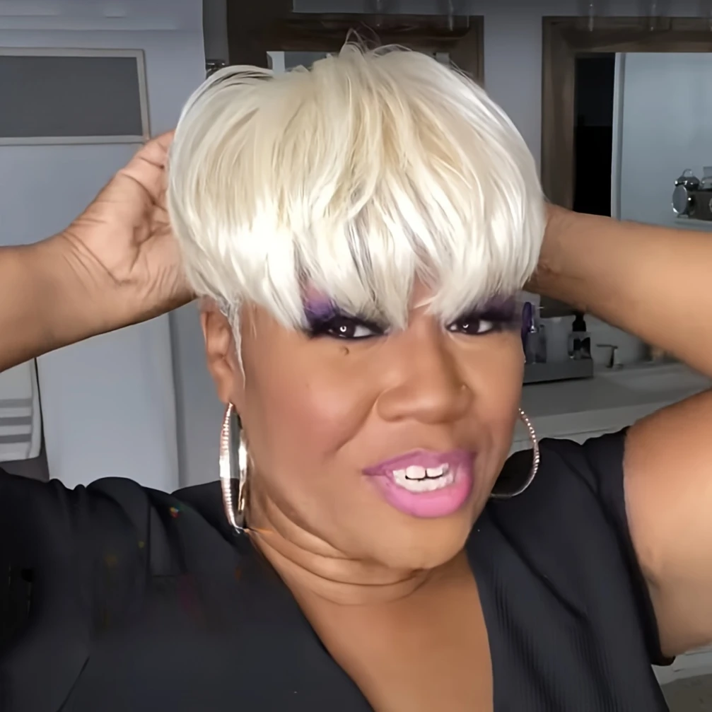 613 금발 컬러 스트레이트 인간의 머리 가발 여성용 픽시 컷 가발 전체 기계 제작 가발 150% 밀도 6인치