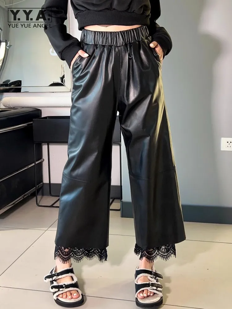 

New Fashion Patchwork Lace Genuine Leather Pants Women Elastic High Waist Straight Trousers Ladies Casual Real Sheepskin Pants