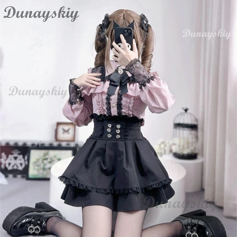 Jirai Kei Lolita Outfit Girls Long Sleeve Bow Shirt Skirt Set Womens Kawaii Y2K Japanese Aesthetic Casual Wear