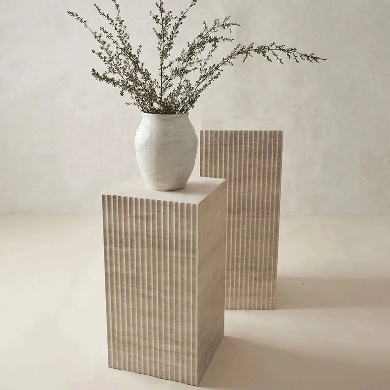 

Customization Wabi-sabi Style Stripe Beige Travertine Cave Stone Side Table Marble Rectangular Statue Display Stand Column