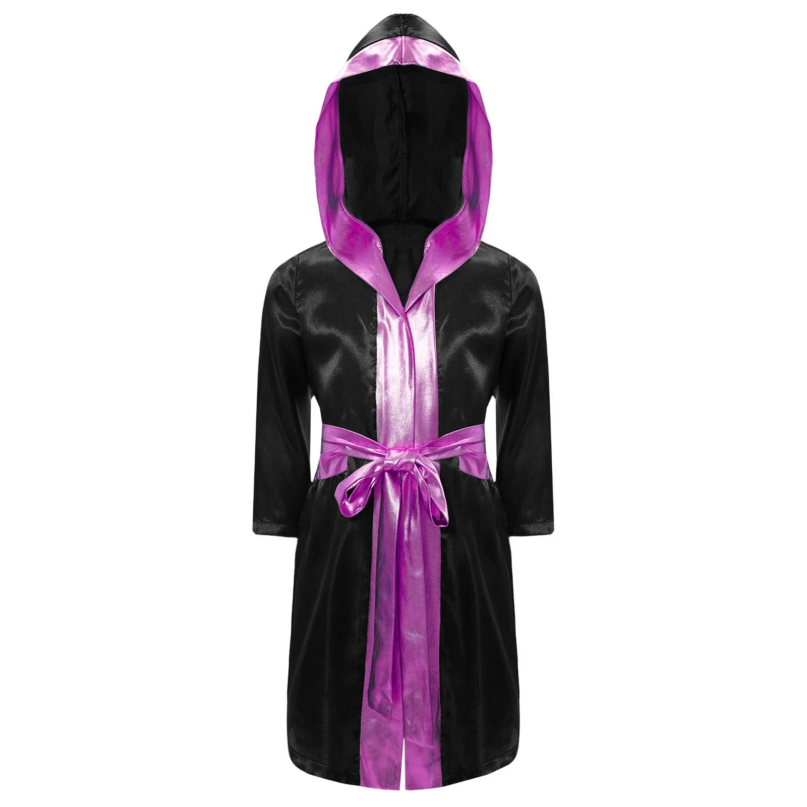 Kids Boys Boxing Robe Thai Kickboxing Costume Long Sleeve Open Front Hoodie Cloak with Belt Halloween Workout Fitness Clothes