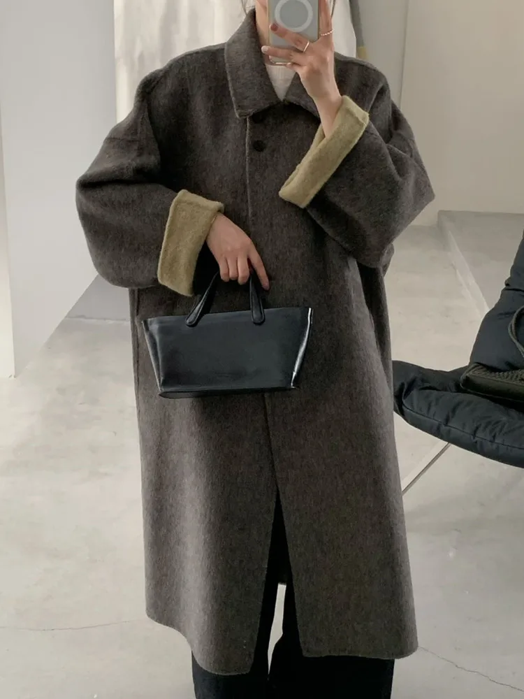 ZMEENNA レディース ロング ウール ブレンド コート リバーシブル コントラストカラー カフス ターンダウンカラー 暖かい冬用アウター ZM4414