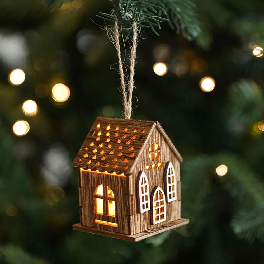 

Mini Christmas Wooden House Pendant Natural LED Light Glowing House Ornament Exquisite Xmas Tree Hanging Decoration