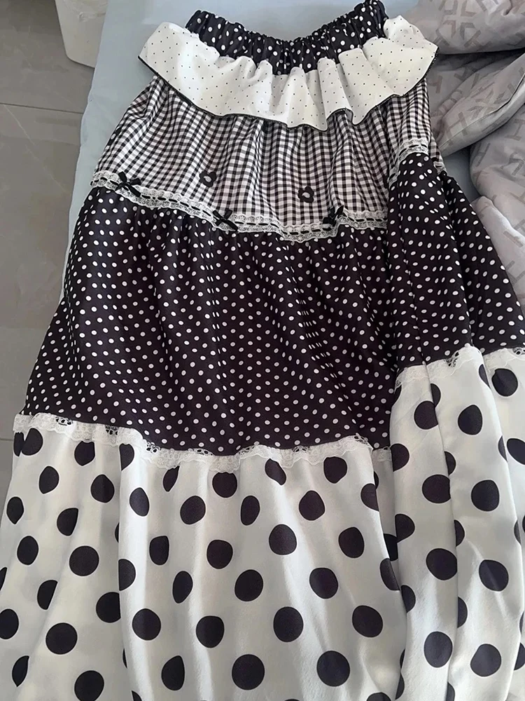 Japońska spódnica w stylu vintage z patchworkiem w kropki, koronką, damska, słodka, z wysokim stanem, rozkloszowana, długa, modna, w stylu Y2k, szykowna, faldas.