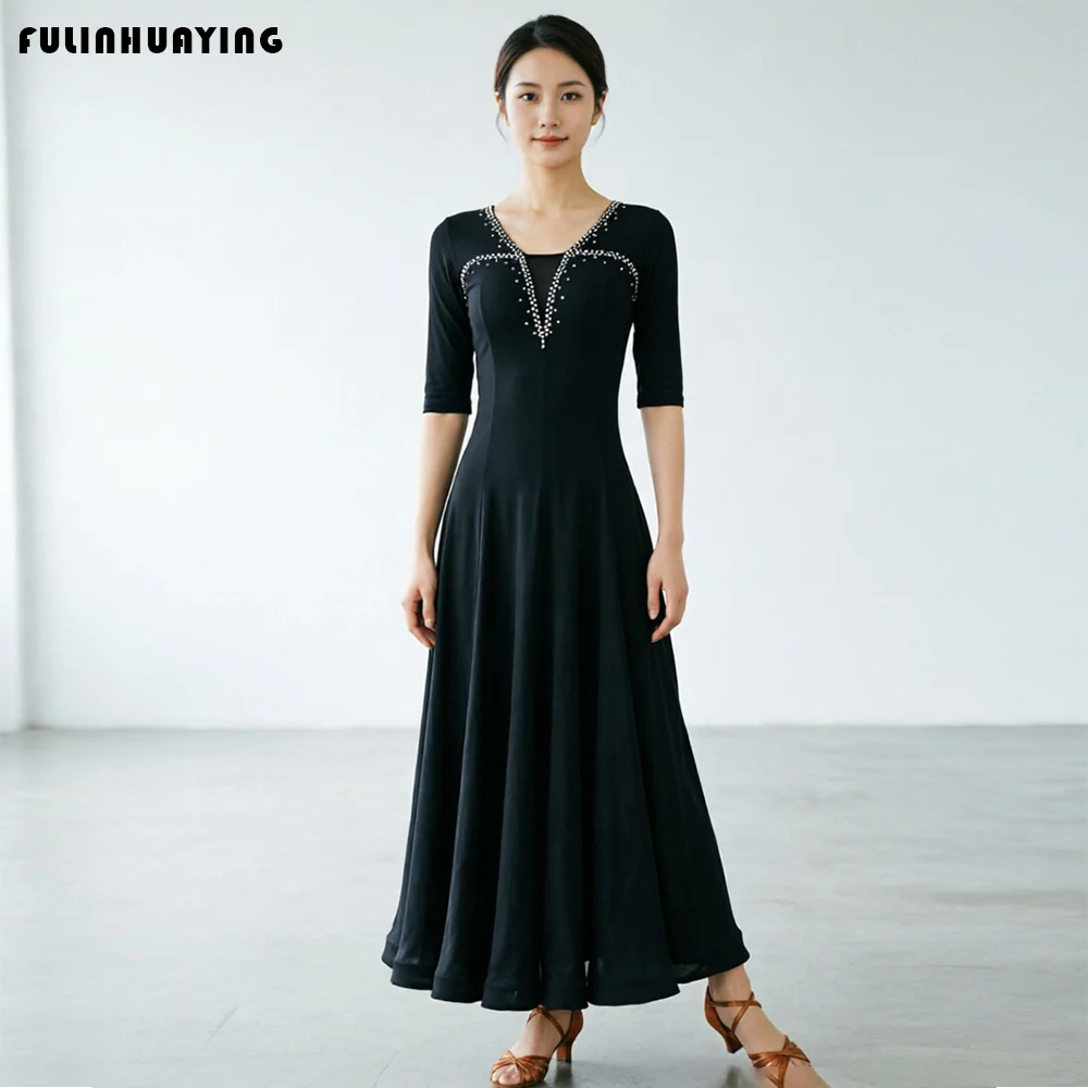 Elegant Modern Dance Performance Costumes, Adult Ballroom Dance Costumes with Rhinestones for Competitions, International Standard Dance Tango Quick Step Dance Costumes, Social Dance Practice Costumes