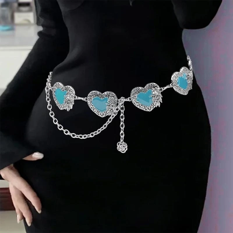 

652F Lustrous Love Heart Waist Chain Adjustable Chain Belt Metallic Waist Chain Body Chain Skirt Chain Belt Waist Jewelry