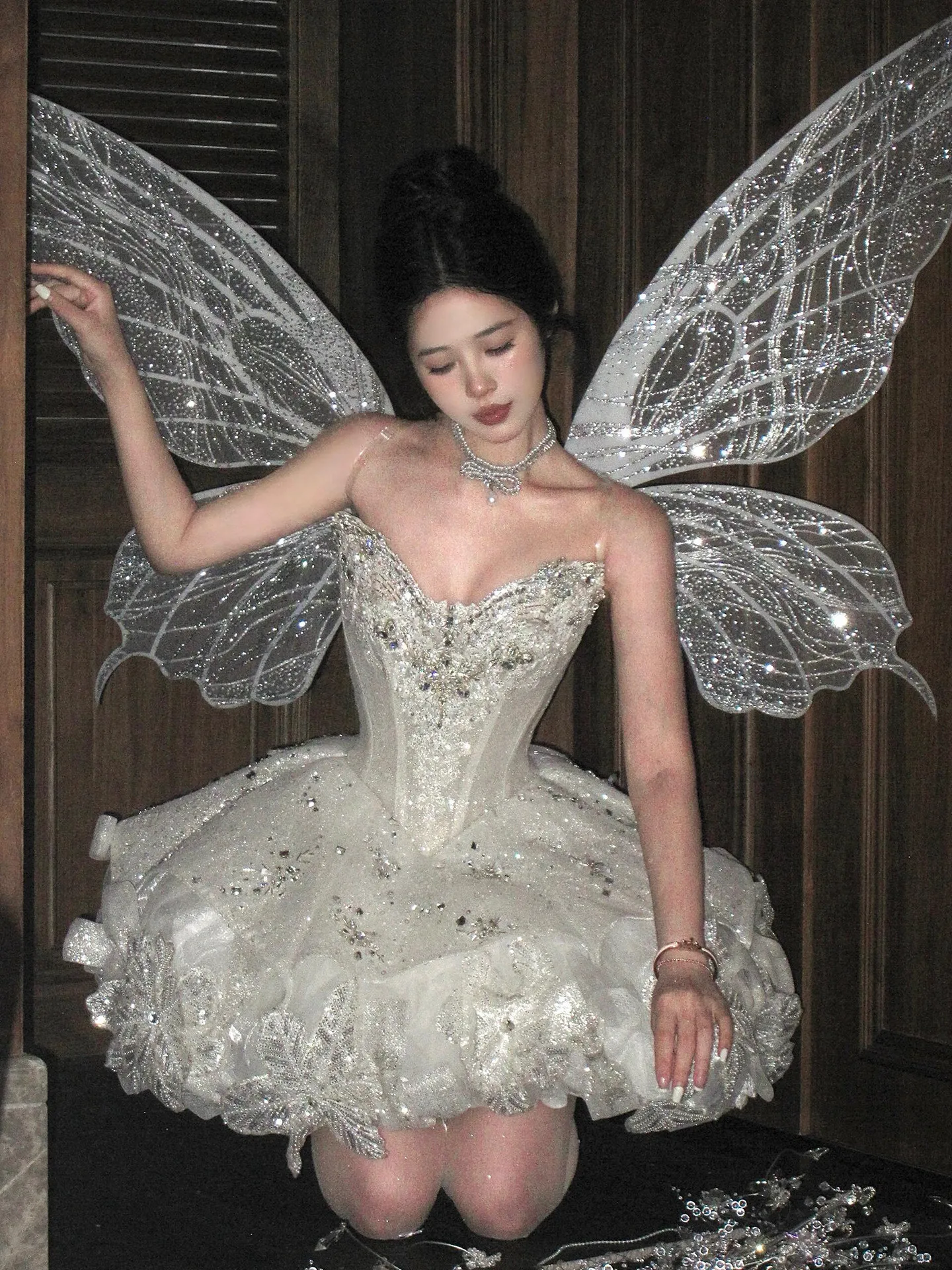 

Sparkling Short Prom Dress (no wing) Ball Gowns Layers Organza with Sequins Beads Crystal Lace-up Back Party Dress