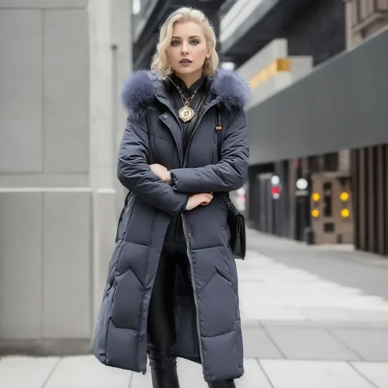 Women Elegant Parkas 2024 Long Thickened Down Cotton Thermal Jacket Fashion Quilted Faux Fur Collar Hooded Coat Available 4XL